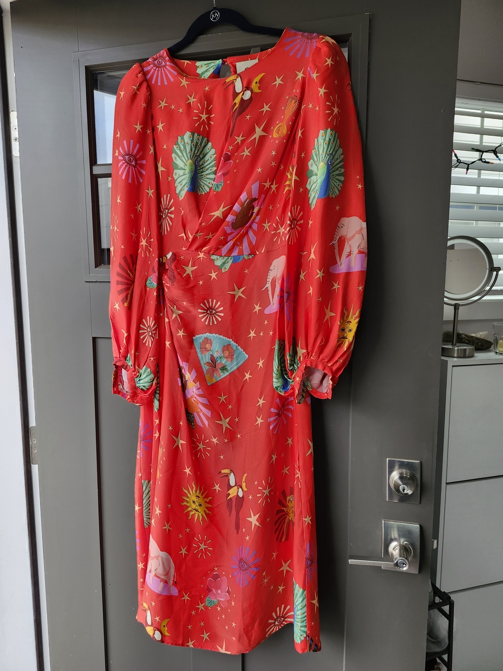 Farm Rio: Vibrant Red Printed Long-Sleeve Wrap Maxi Dress